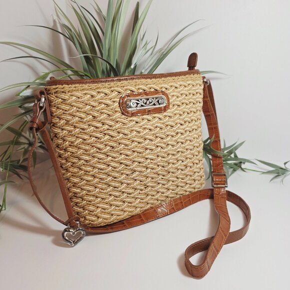 Brighton Handbags - Brighton Woven Straw & Brown Leather Crossbody Bag